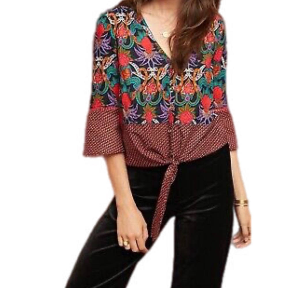 Anthropologie Maeve Mixed Print Floral Front Tie Blouse